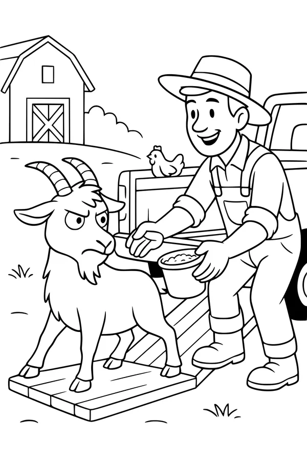 Free Goat Coloring Page - Stubborn Farm Goat at Breakfast (Printable PDF)