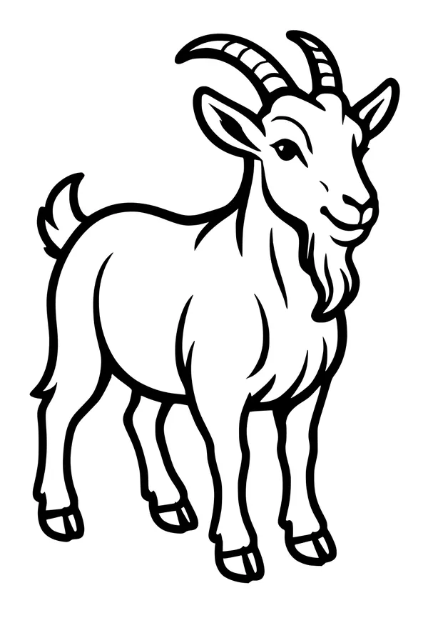 Free Goat Coloring Page - Smiling Goat With Curved Horns (Printable PDF)
