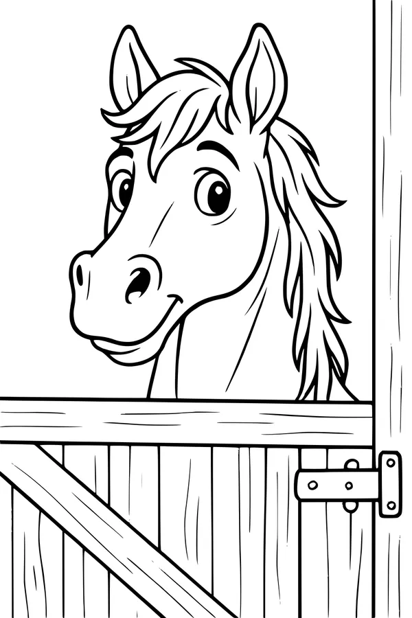 Free Horse Coloring Page - Smiling Cartoon Horse at Barn Door (Printable PDF)