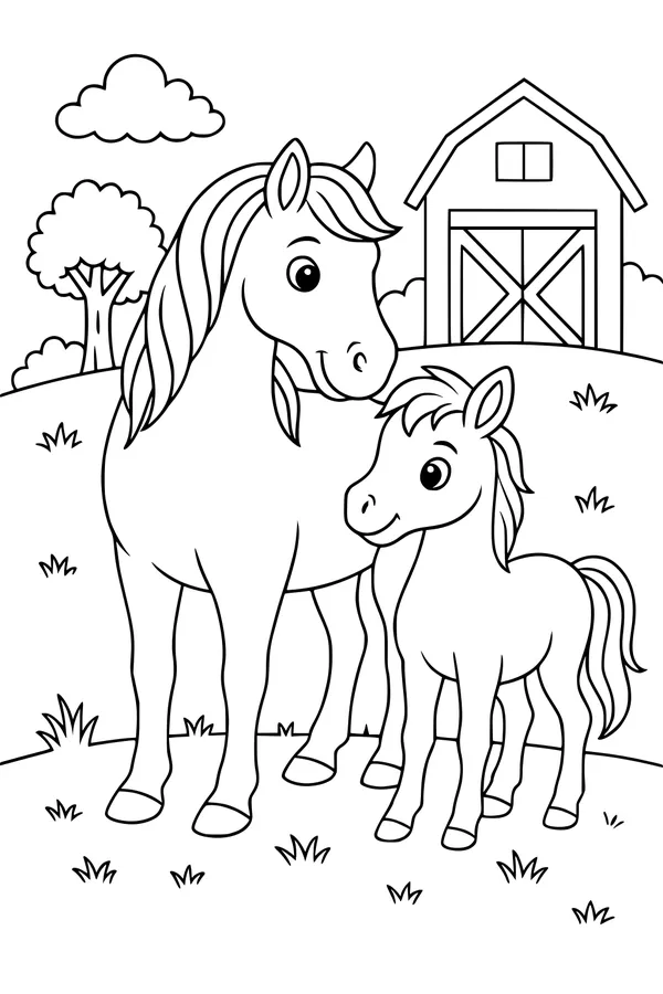 Free Horse Coloring Page - Mother Horse and Foal on the Farm (Printable PDF)