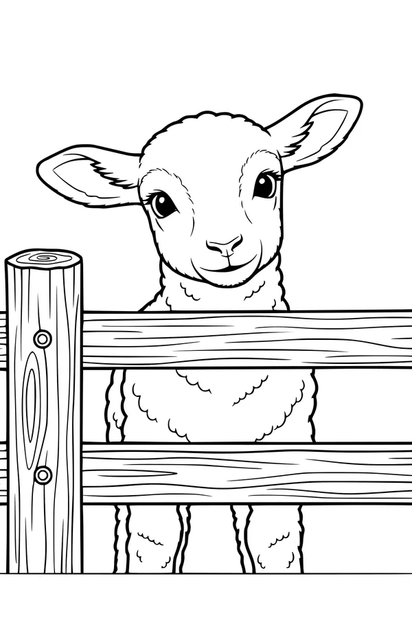 Free Lamb Coloring Page - Cute Lamb Behind Farm Fence (Printable PDF)