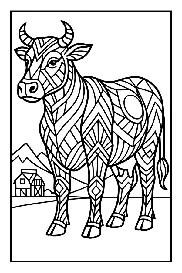 Free Cow Coloring Page - Geometric Patterns on the Farm (Printable PDF)