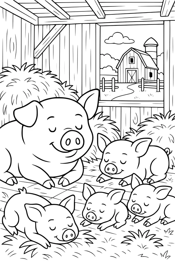 Free Pig Family Coloring Page - Mother Pig and Piglets Sleeping in Barn (Printable PDF)