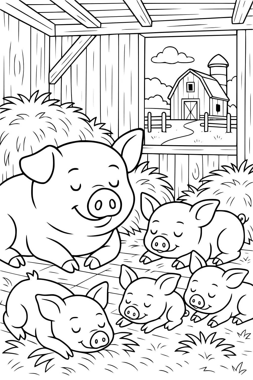 Mother pig and four piglets sleeping on straw inside a barn with barn and silo outside window.