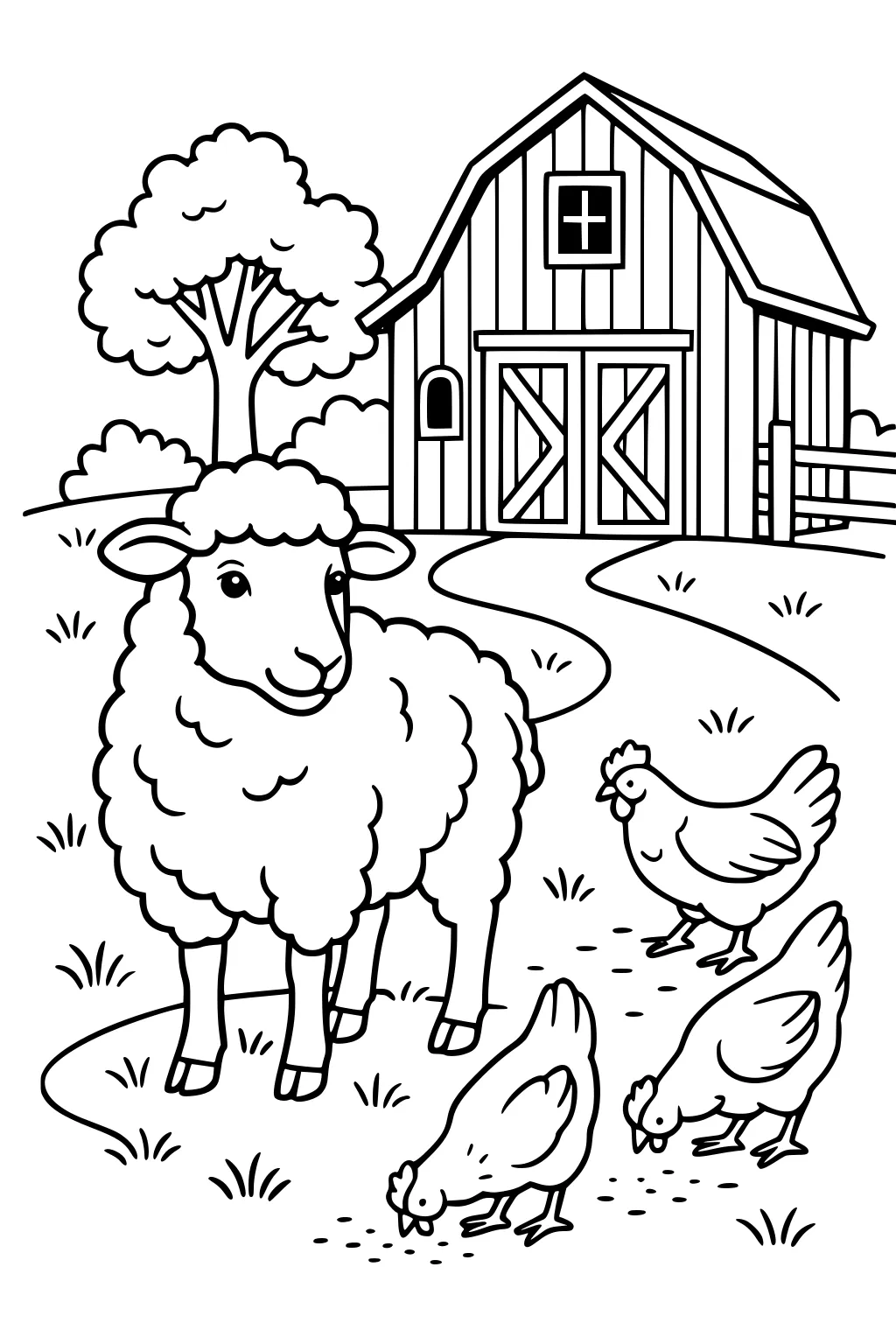 A sheep stands next to three chickens on grass. Barn, tree, fence, and bushes appear in the background.