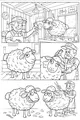 Free Sheep Coloring Page - Farmer Shearing Wool in Barn (Printable PDF)