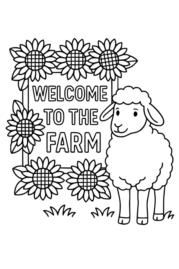 Free Sheep Coloring Page - Welcome to the Farm Sign Scene (Printable PDF)