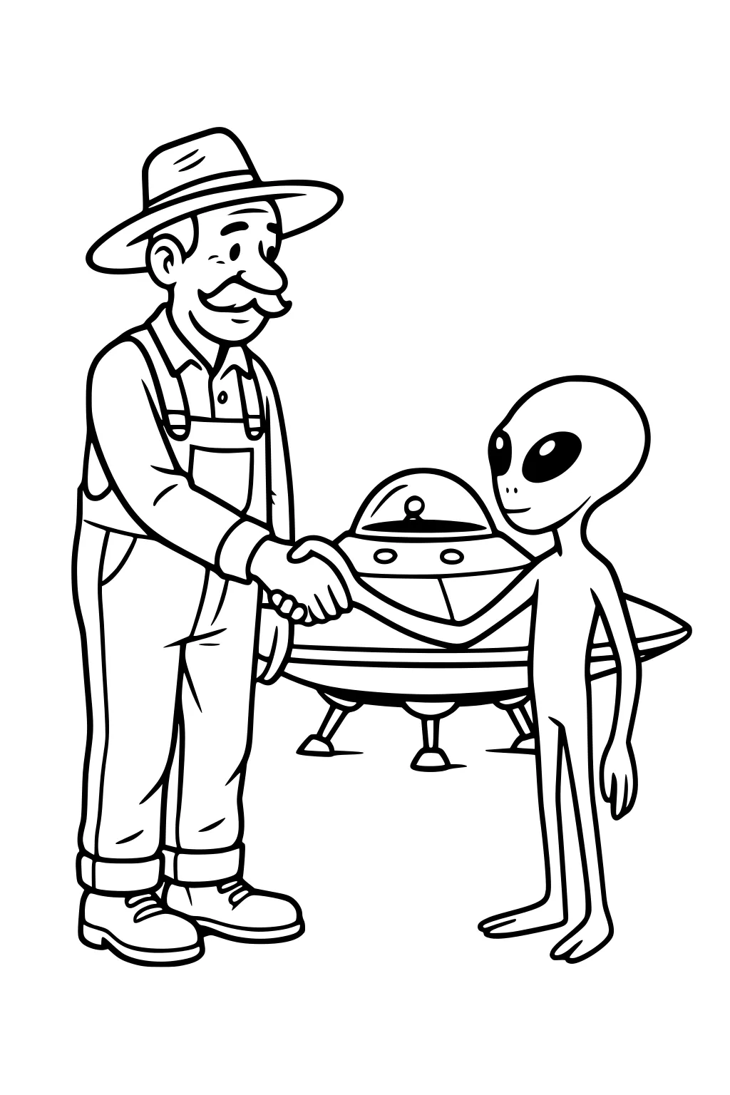 Farmer in hat and overalls shakes hands with a friendly alien beside a saucer-shaped UFO with dome and landing legs.