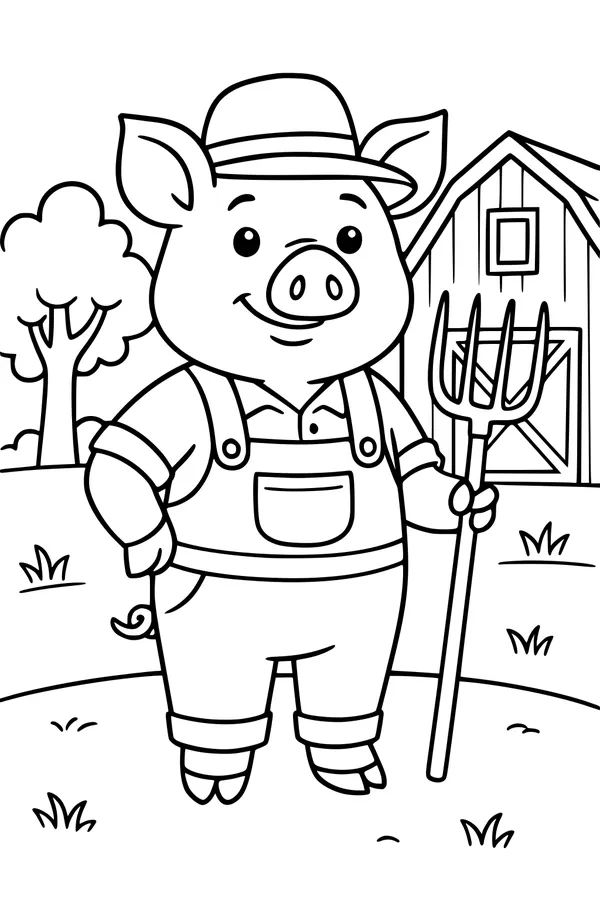 Free Pig Coloring Page - Farmer Pig With Pitchfork on the Farm (Printable PDF)