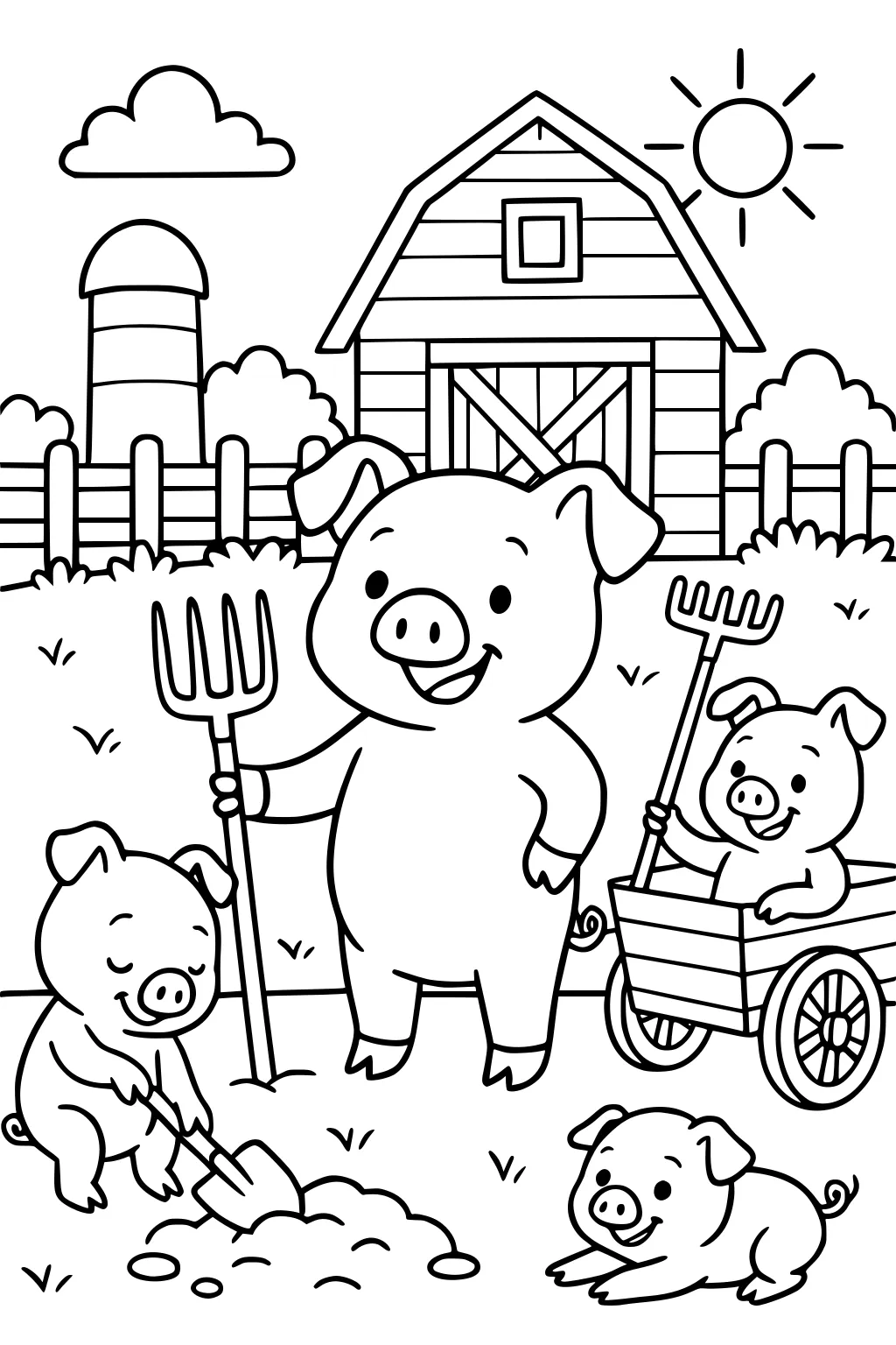 Three piglets and a big pig working and playing in front of a barn, with a fence, sun, silo, and clouds around them.