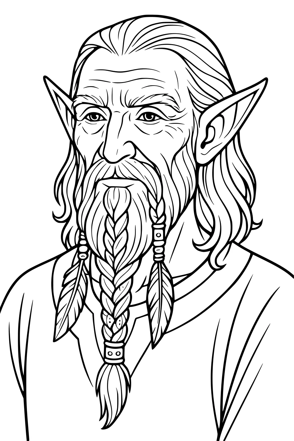 Line art portrait of an elderly male elf with long ears, wavy hair, and a braided beard with beads and feathers.