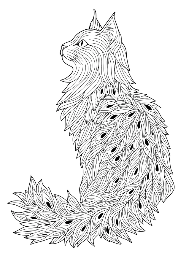 Free Cat Coloring Page - Peacock Tail Fantasy Feline (Printable PDF)