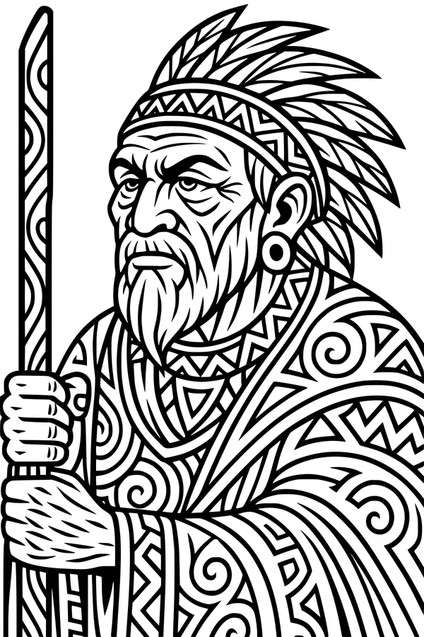 Free Grandpa Coloring Page - Elderly Man With Feathered Staff (Printable PDF)