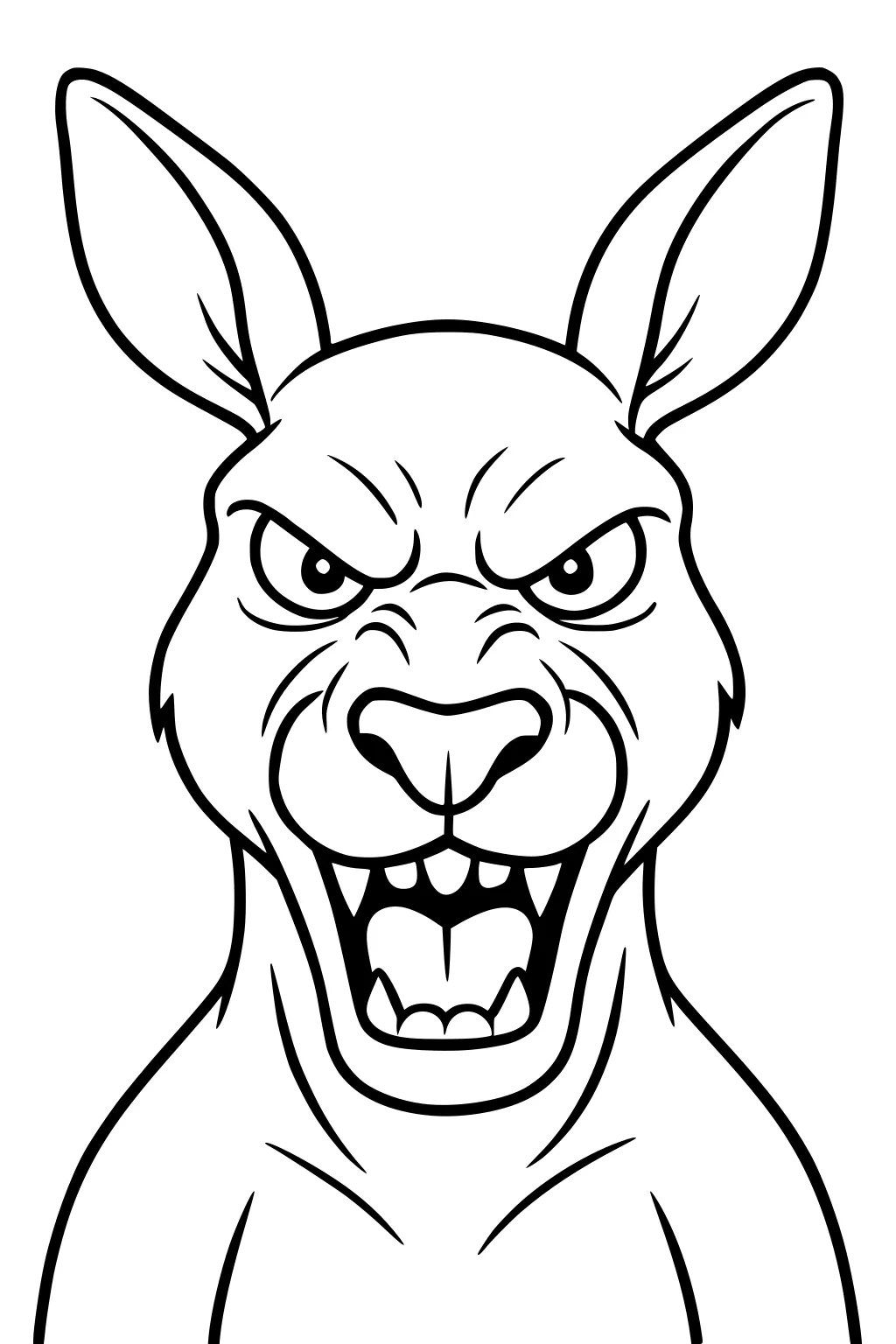 Cartoon kangaroo face with open mouth, big teeth, and fierce eyes staring forward. Large upright ears. No background.