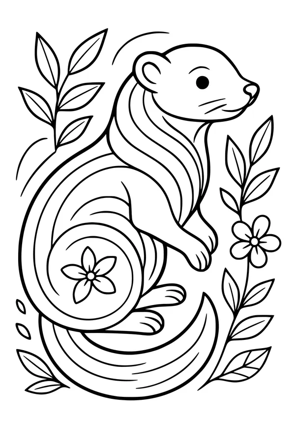 Free Ferret Coloring Page - Fluffy Swirled Fur in a Flower Garden (Printable PDF)