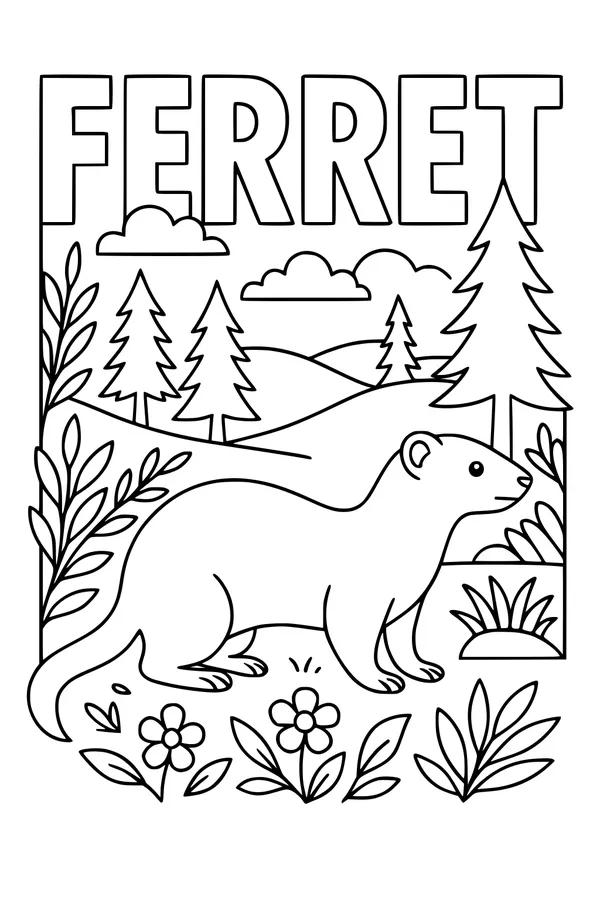 Free Ferret Coloring Page - Forest Meadow Scene With Flowers (Printable PDF)