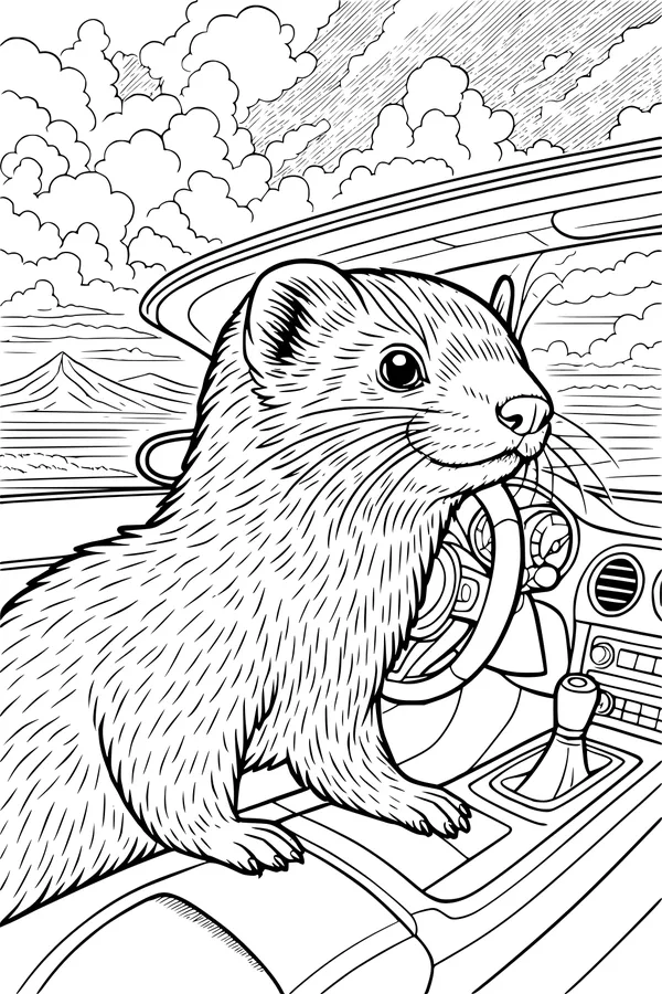 Free Ferret Coloring Page - Silly Road Trip Through Fluffy Clouds (Printable PDF)