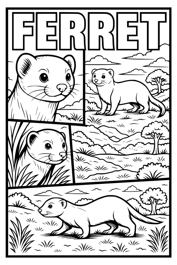 Free Ferret Coloring Page - Frisky Ferret in the Meadow (Printable PDF)