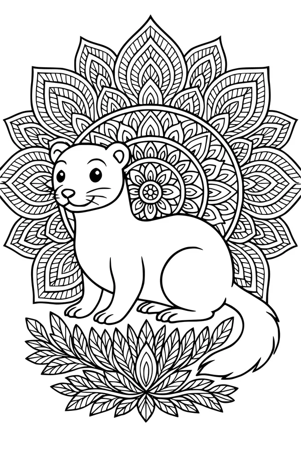 Free Ferret Coloring Page - Happy Ferret in Floral Mandala Forest (Printable PDF)
