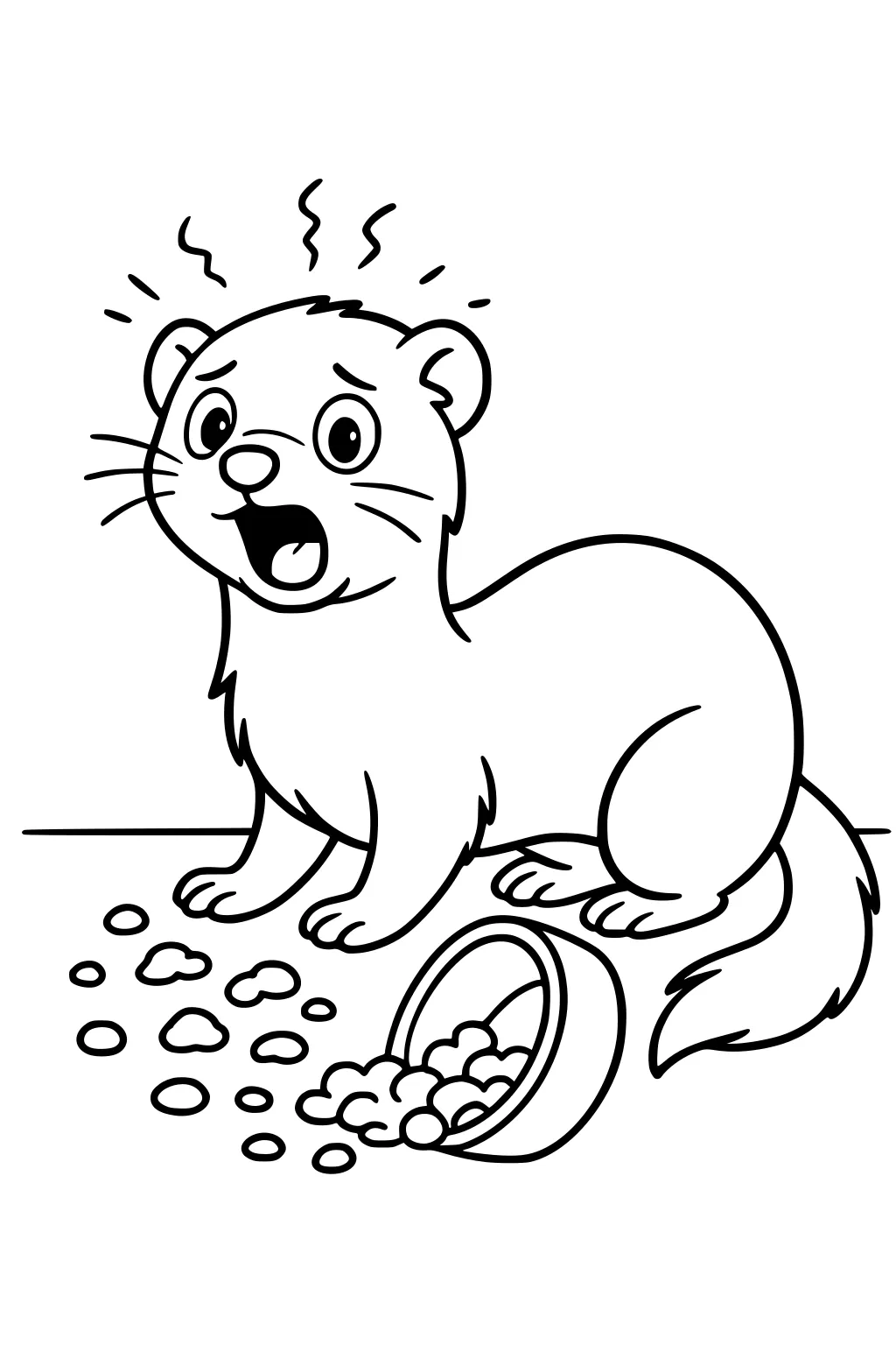 Surprised ferret with wide eyes sits near a spilled food bowl and scattered pellets, looking shocked.