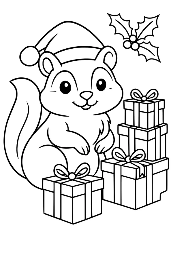 Free Chipmunk Coloring Page - Christmas Chipmunk With Santa Hat and Presents (Printable PDF)