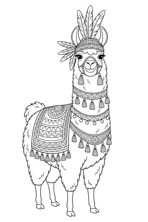 Free Llama Coloring Page - Festive Senorita With Feathers (Printable PDF)