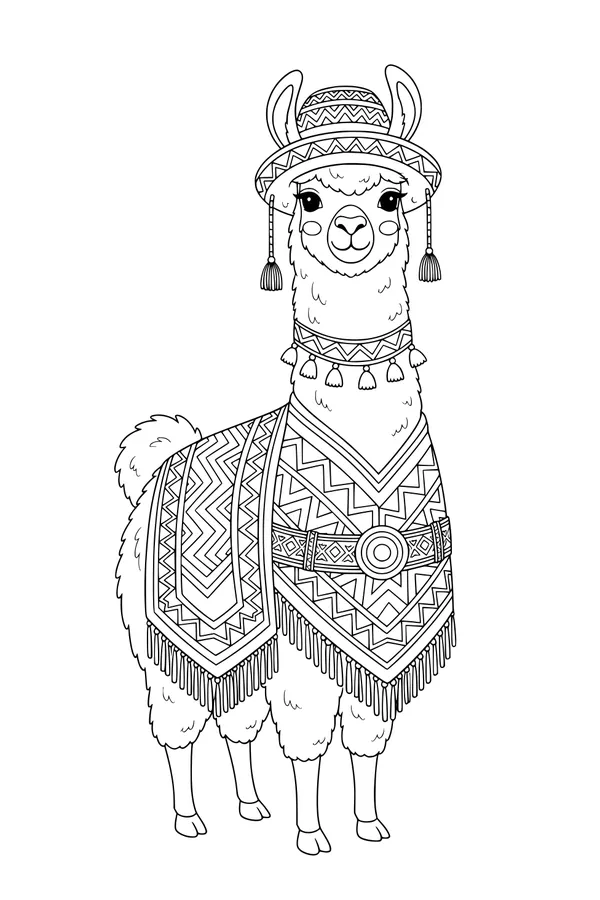 Free Llama Coloring Page - Fancy Festival Outfit With Tassels (Printable PDF)