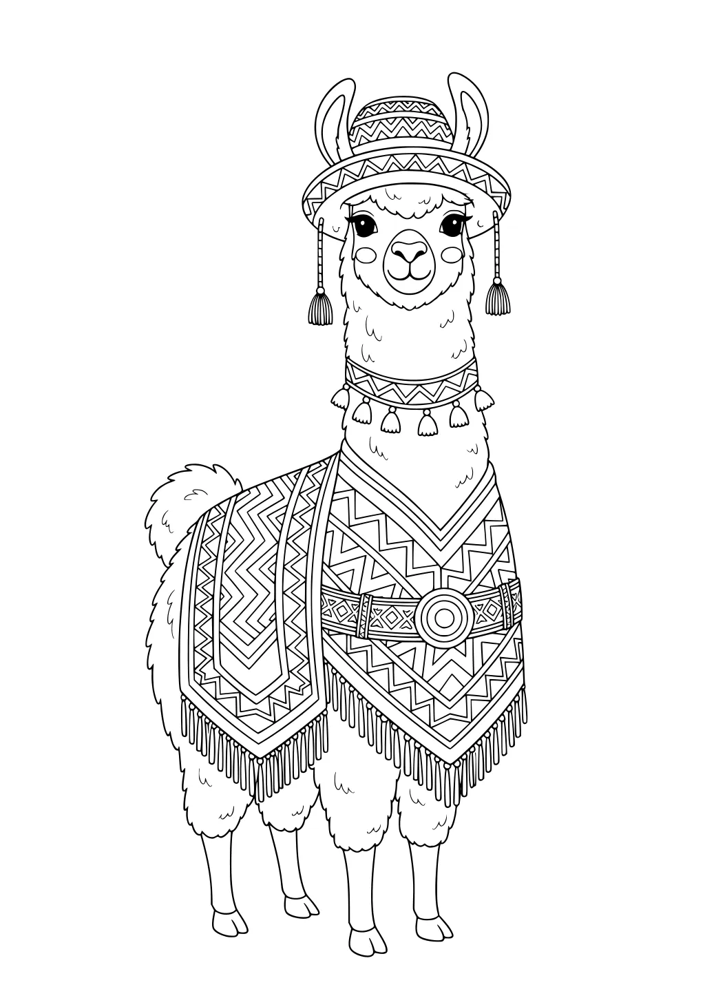 A llama with a decorated blanket, necklace, and patterned hat with tassels, standing and looking forward.