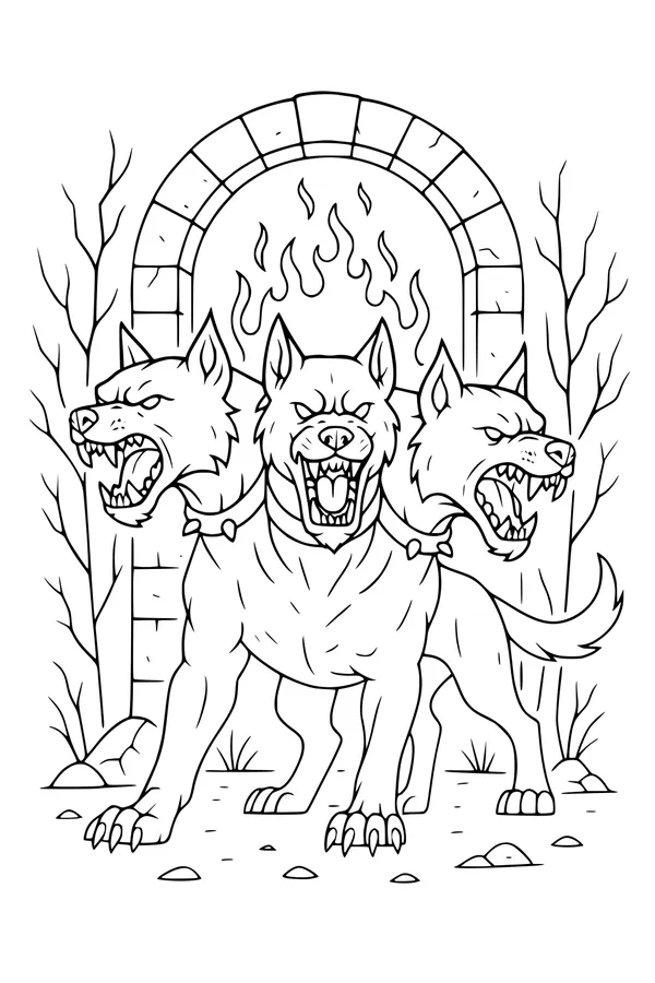 Free Cerberus Coloring Page - Three-Headed Guardian at Fiery Gate (Printable PDF)
