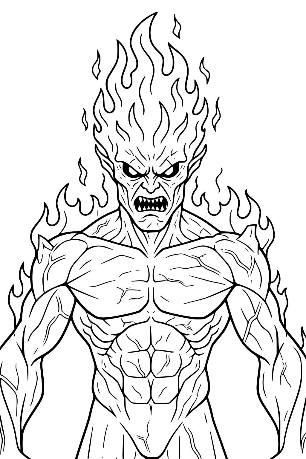 Fire elemental man with flame hair, sharp teeth, and swirling flames around his muscular body in bold line art.