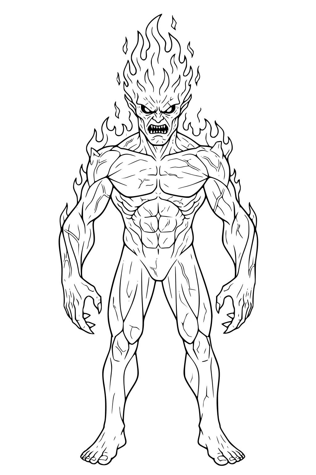 Fire elemental man with flame hair, muscular body, sharp teeth, clawed hands, and bare feet shown front view in black-and-white outline.