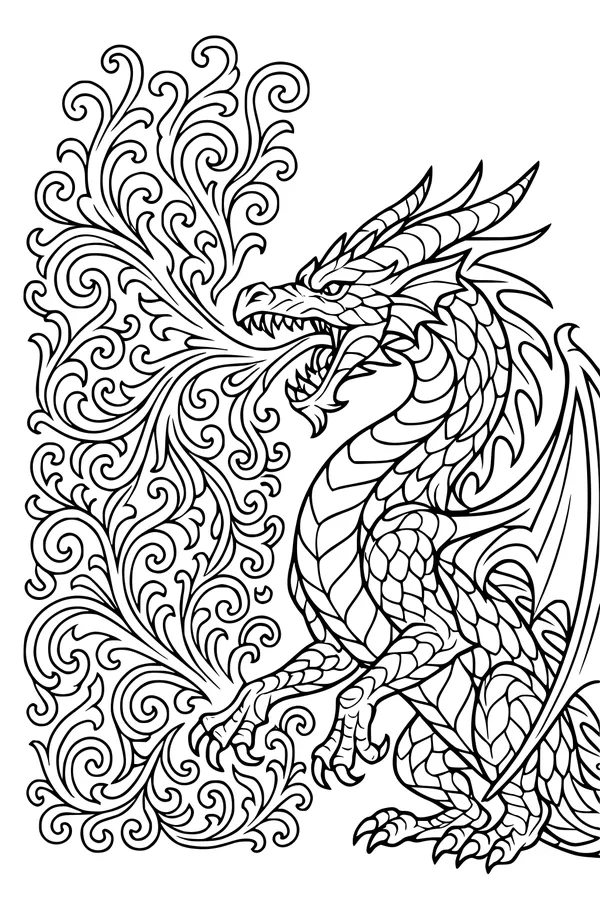 Free Dragon Coloring Page - Roaring Fire-Swirl Profile (Printable PDF)