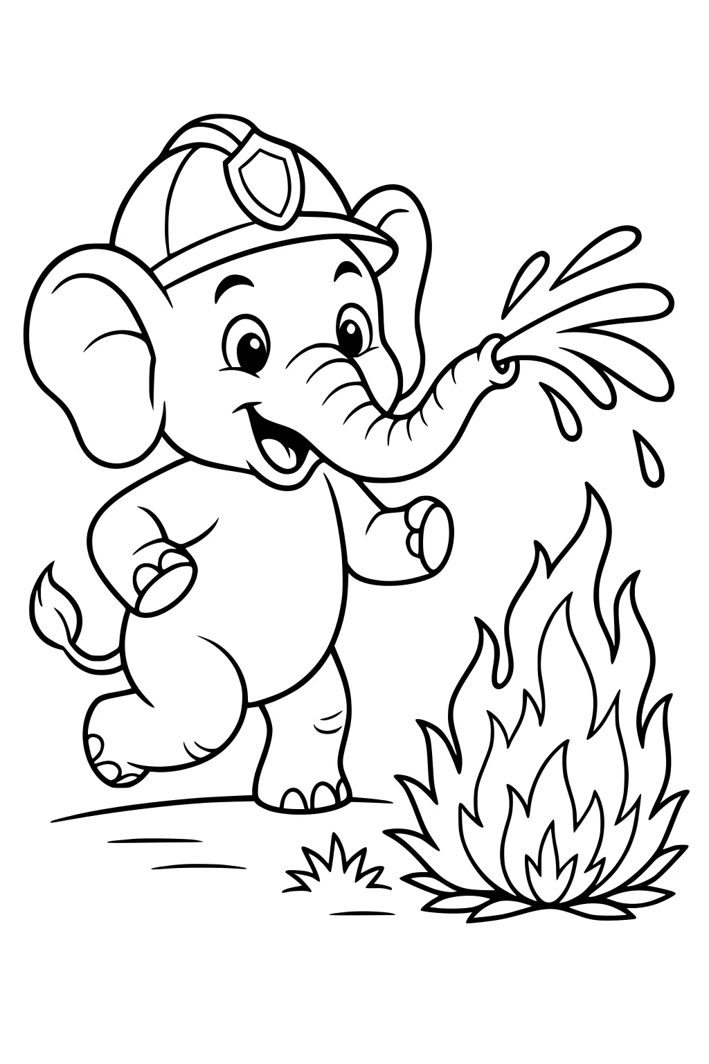 Cartoon elephant in firefighter hat spraying water from trunk onto a small fire on the grass.