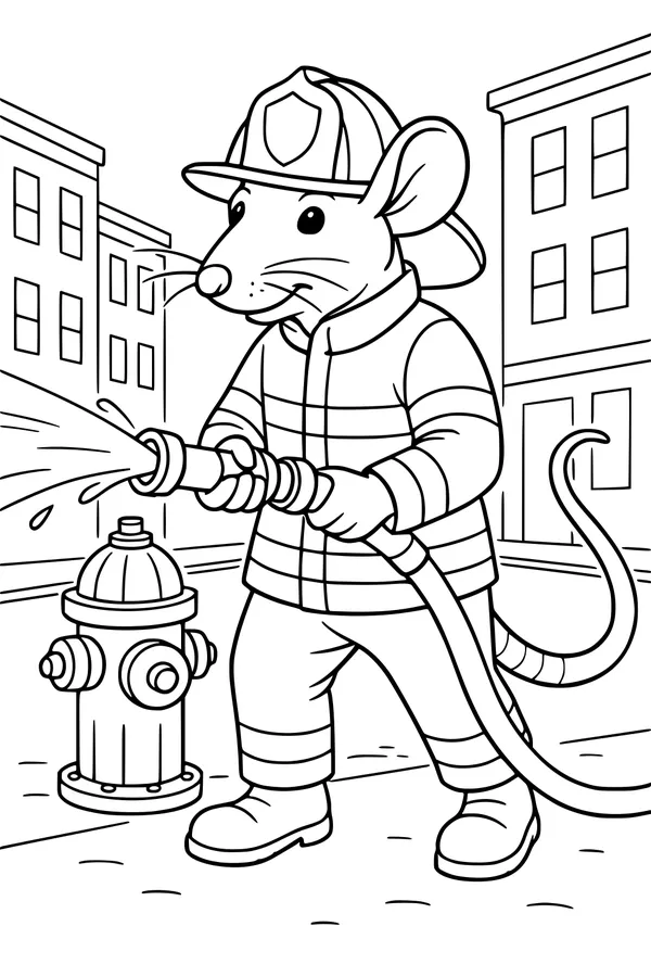 Free Rat Coloring Page - Brave Firefighter in City Street (Printable PDF)