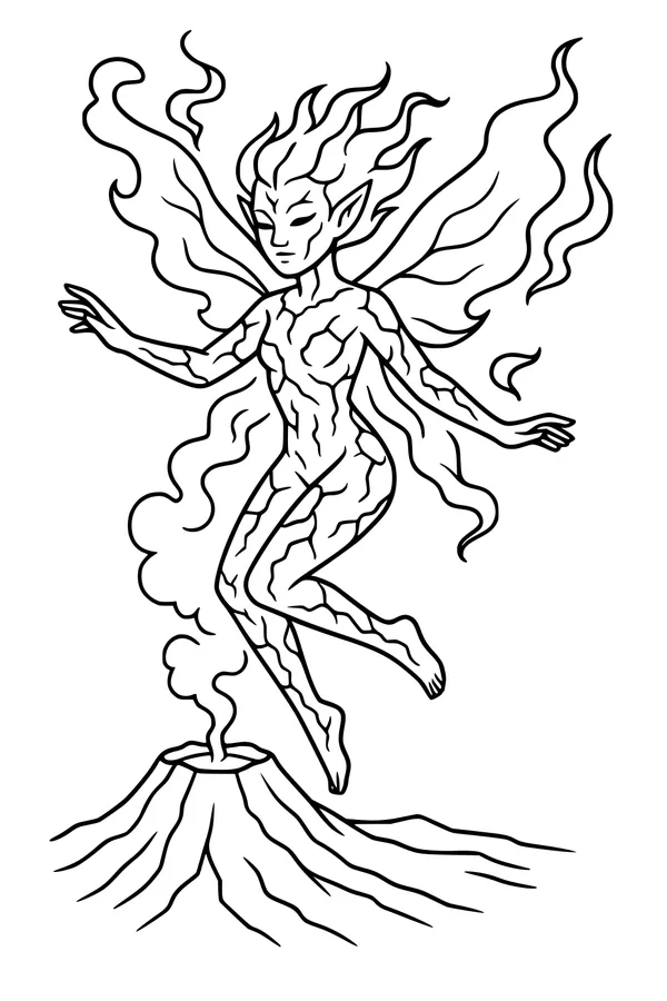 Free Fairy Coloring Page - Firewing Fairy Over a Smoking Volcano (Printable PDF)