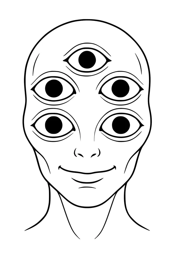 Free Alien Face Coloring Page - Smiling Five-Eyed Friend (Printable PDF)
