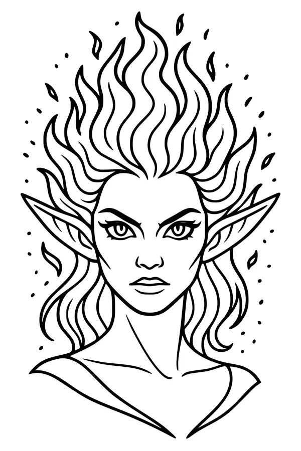 Free Fairy Coloring Page - Flame-Haired Forest Elf Portrait (Printable PDF)