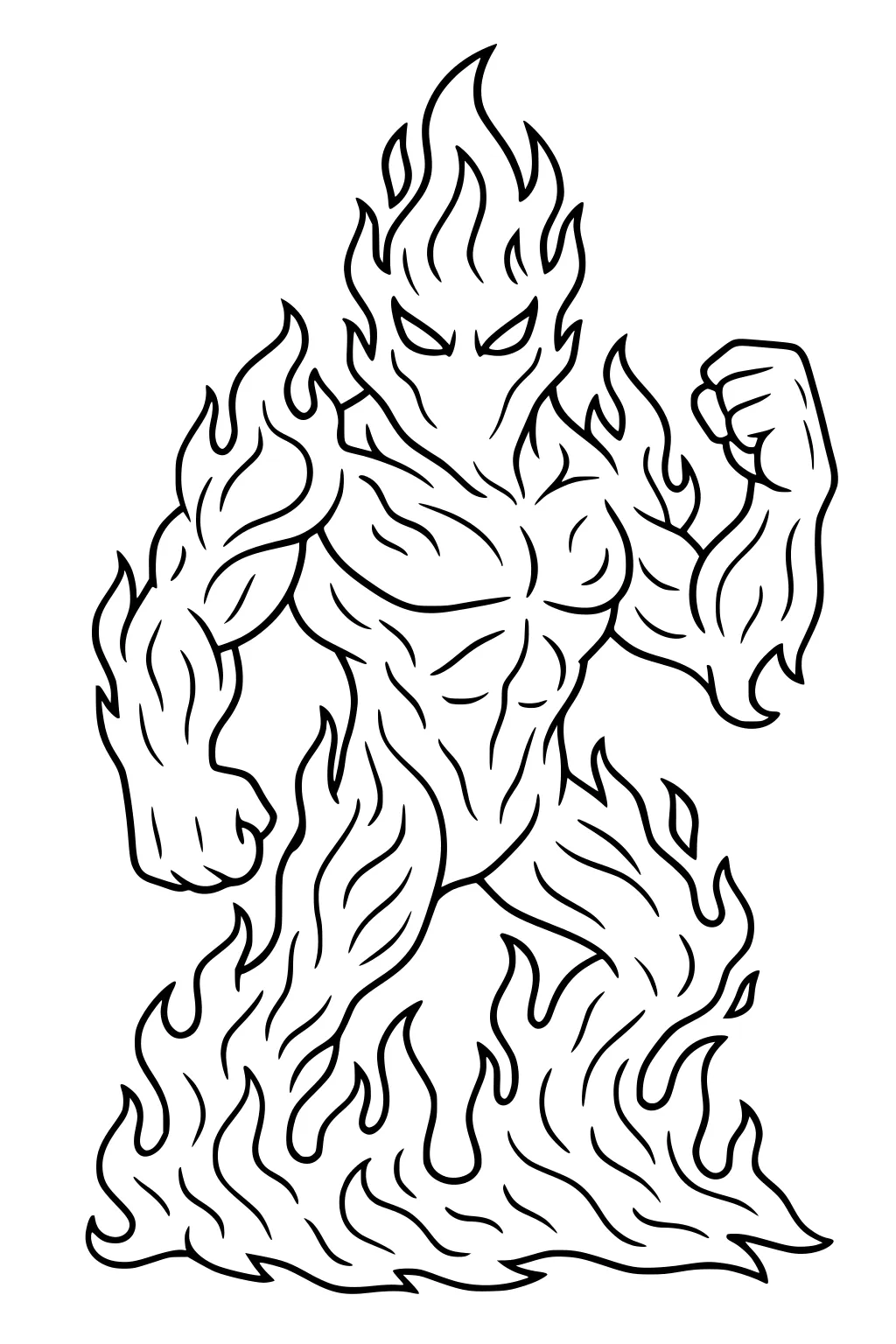 Fire elemental boy with flame hair, sharp eyes, and clenched fists; body formed by swirling flames, bold black outline.