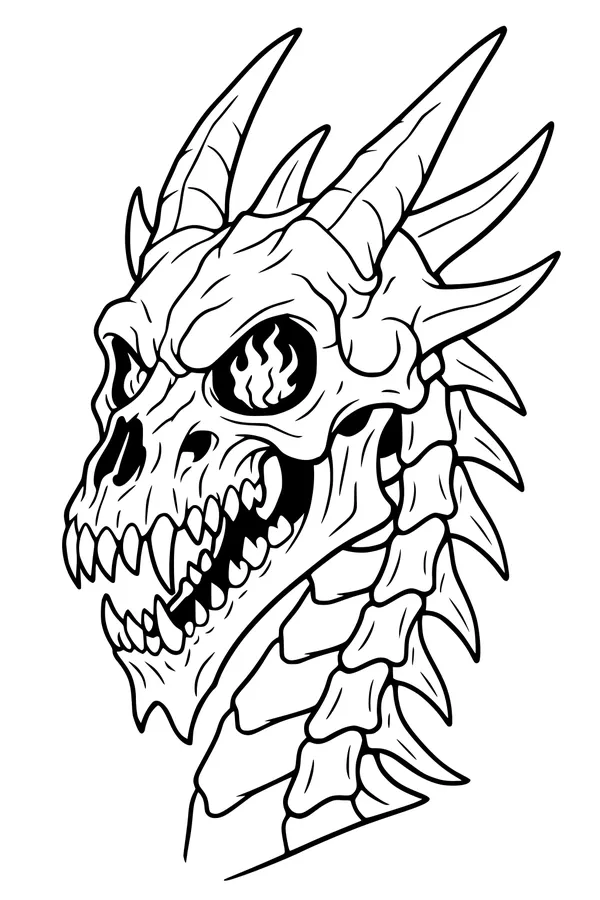 Free Bone Dragon Coloring Page - Flaming Skull Monster Head (Printable PDF)