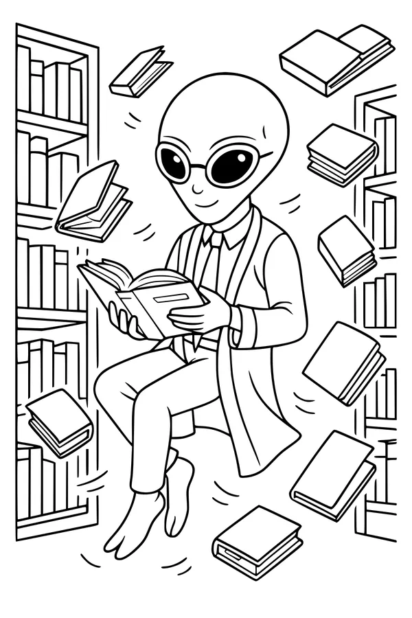 Free Alien Librarian Coloring Page - Floating Reader in Space Library (Printable PDF)
