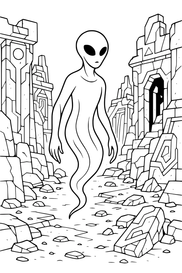 Free Alien Coloring Page - Star Visitor in Ancient Stone Ruins (Printable PDF)