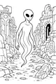Free Alien Coloring Page - Star Visitor in Ancient Stone Ruins (Printable PDF)