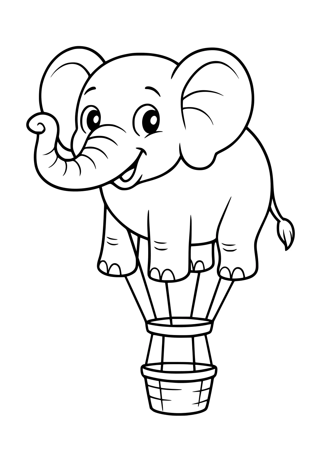 Cartoon elephant balancing in a hot air balloon basket, trunk curled, smiling face, large ears, basket ropes.