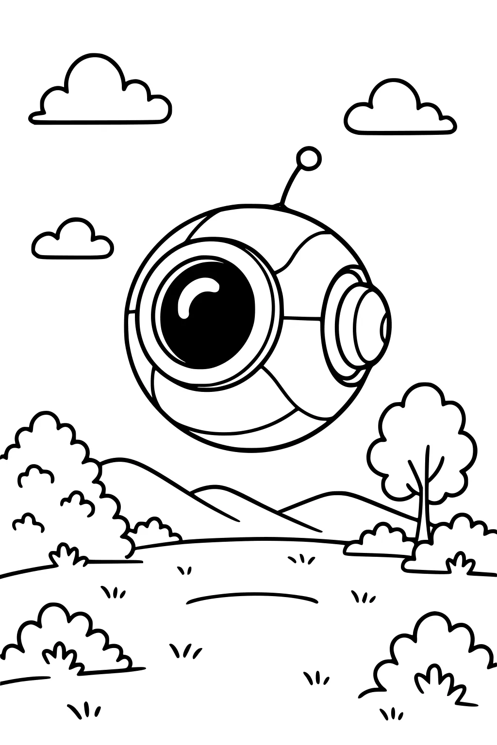 Round robot with big lens eye and antenna hovers above a grassy meadow with bushes, a tree, rolling hills, and fluffy clouds