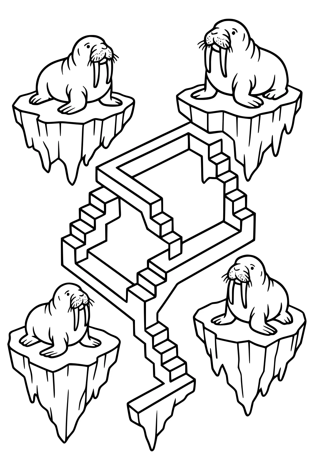 Four walruses rest on separate floating ice chunks with a geometric staircase connecting the islands.