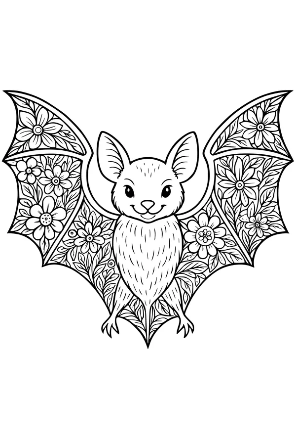 Free Bat Coloring Page - Smiling Bat With Flower Wings (Printable PDF)