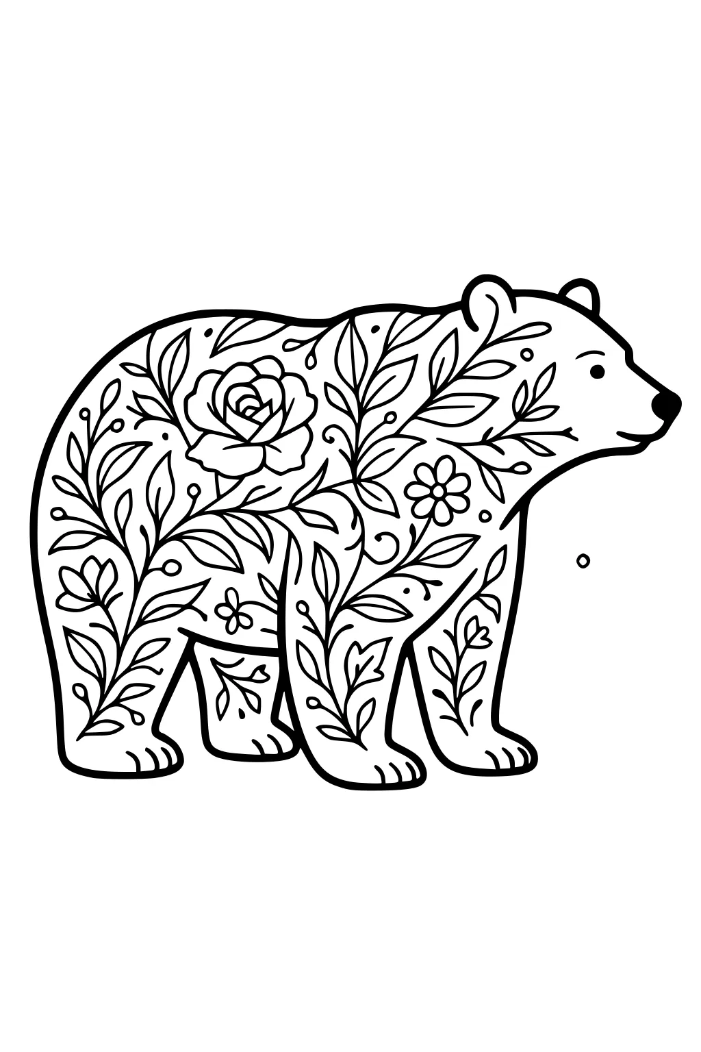 Outlined bear with floral and leaf designs filling its body, including flowers and vines on a white background.