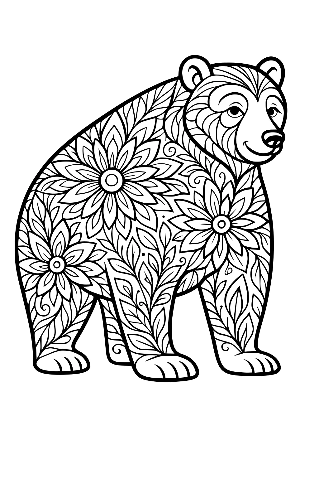 Bear with flowers and leaves decorating its fur, filled with detailed line patterns.