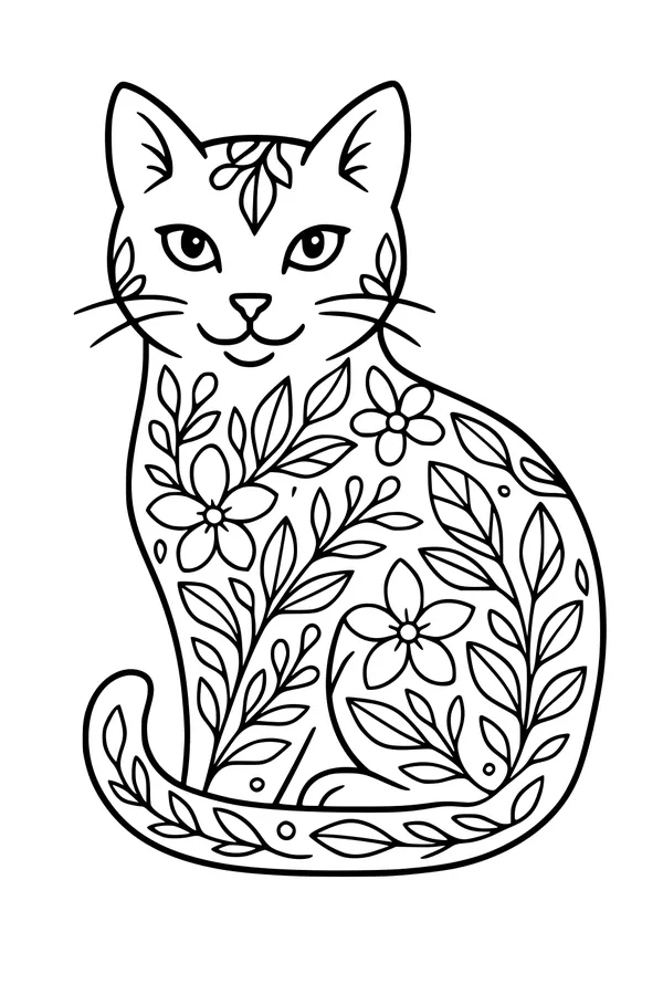 Free Cat Coloring Page - Floral Whiskered Garden Kitty (Printable PDF)