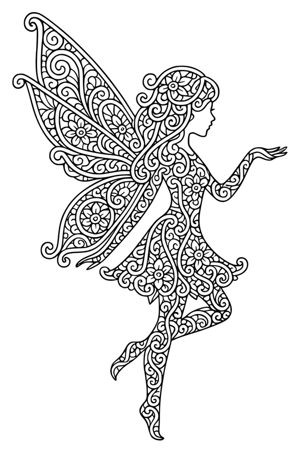 Free Fairy Coloring Page - Dancing Flower-Wing Pixie Girl (Printable PDF)